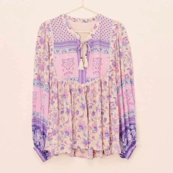 Lavender & Cream Floral Bohemian Gypsy Blouse - Picture 2 of 3